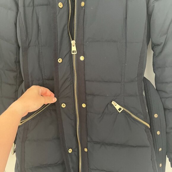 ZARA Navy Blue Hooded Long Puffer Down Coat Faux Fur With Belt Size S - Picture 4 of 8